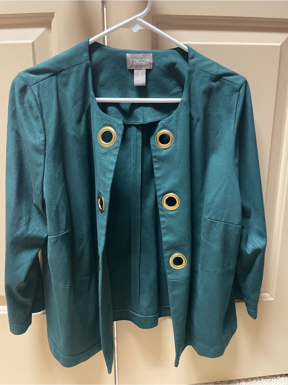 Chico's Teal Open-Front Jacket with Gold Grommets